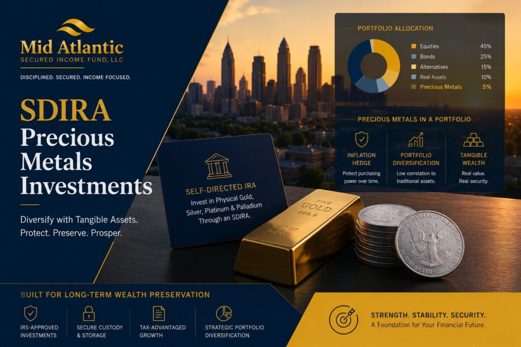 Gold and silver precious metals displayed beside institutional portfolio analytics representing SDIRA precious metals investments and retirement diversification strategies.