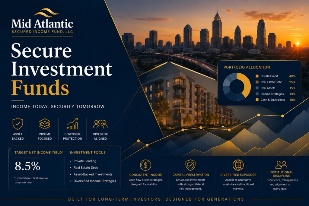 Minimalist institutional graphic for Secure Investment Funds featuring gold portfolio analytics, modern real estate imagery, and Mid Atlantic Secured Income Fund branding.