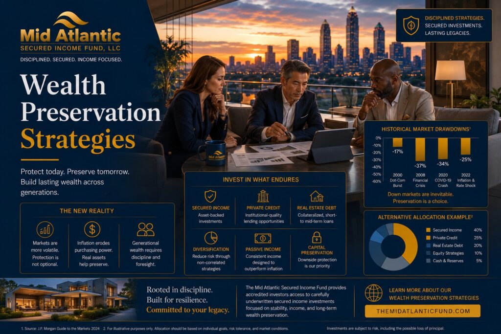Affluent investors and advisors reviewing wealth preservation and private credit investment strategies overlooking the Atlanta skyline at sunset with institutional portfolio analytics and real estate-backed investment visuals.