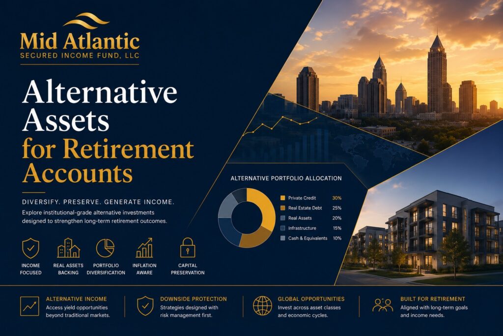 Institutional-style illustration showing alternative assets for retirement accounts including private credit, real estate-backed investments, portfolio diversification graphics, and retirement income strategies in navy and gold branding.