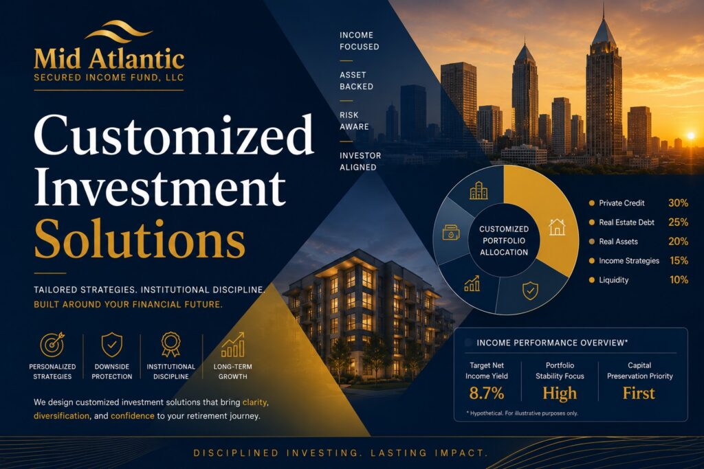 Institutional-style graphic illustrating customized investment solutions for retirement portfolios with alternative investments, portfolio allocation visuals, Atlanta skyline imagery, and Mid Atlantic Secured Income Fund branding.