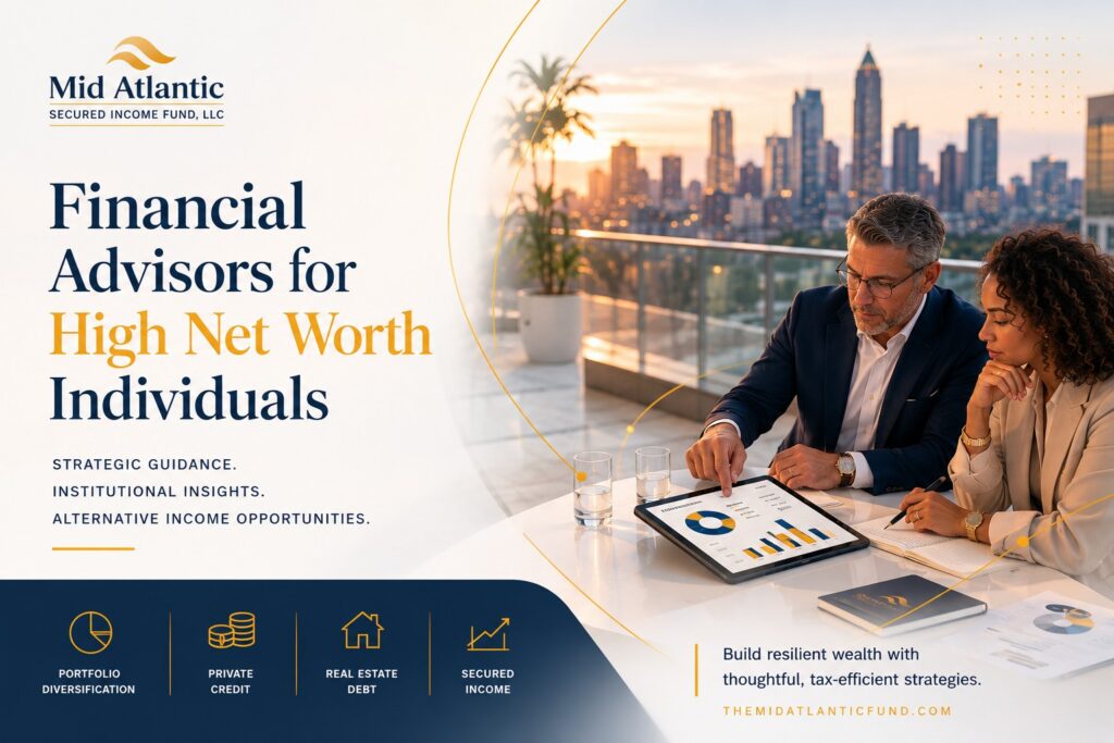 Financial advisors and high net worth investors reviewing diversified portfolio strategies and private credit investments overlooking the Atlanta skyline.