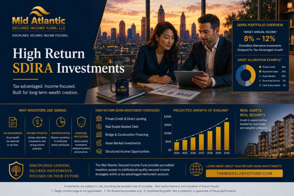 Affluent investors reviewing high return SDIRA investment strategies with retirement portfolio analytics and Atlanta skyline in institutional navy and gold branding.
