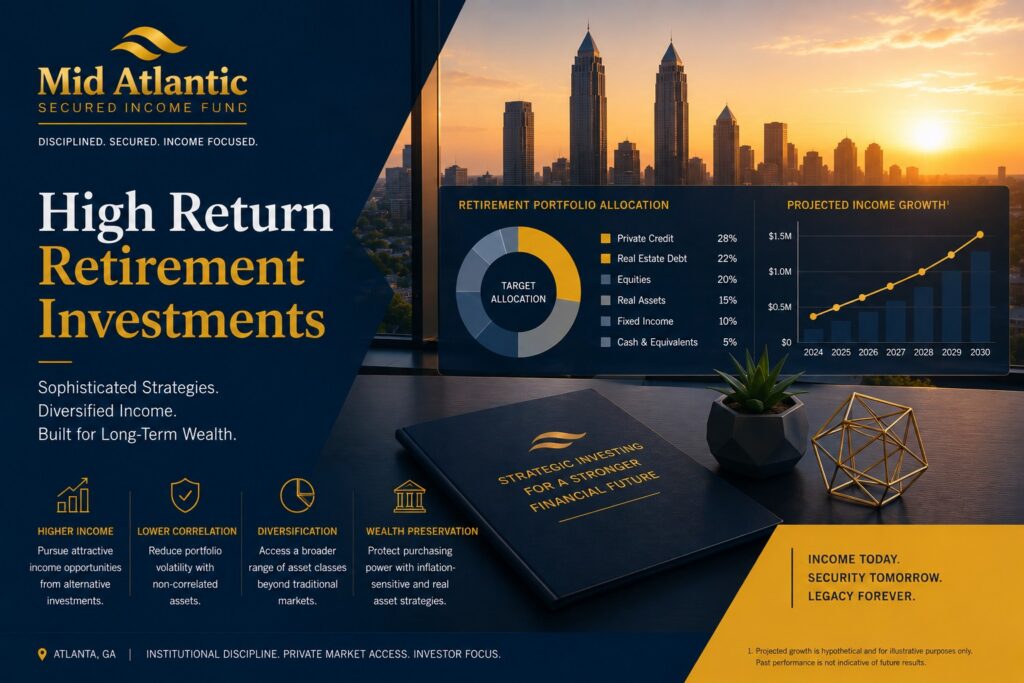 Institutional retirement investment portfolio displaying diversified high return retirement investment strategies and alternative asset allocations.