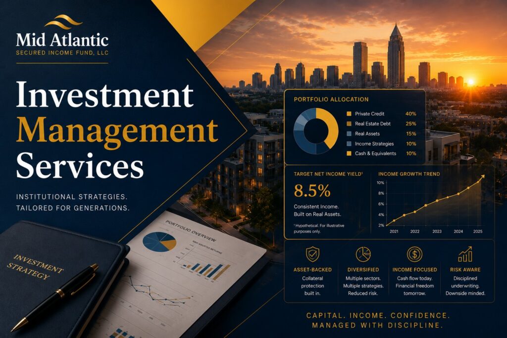 Institutional investment management services illustration featuring alternative investment portfolio analytics, private credit allocation visuals, and modern real estate-backed investment imagery for accredited investors.