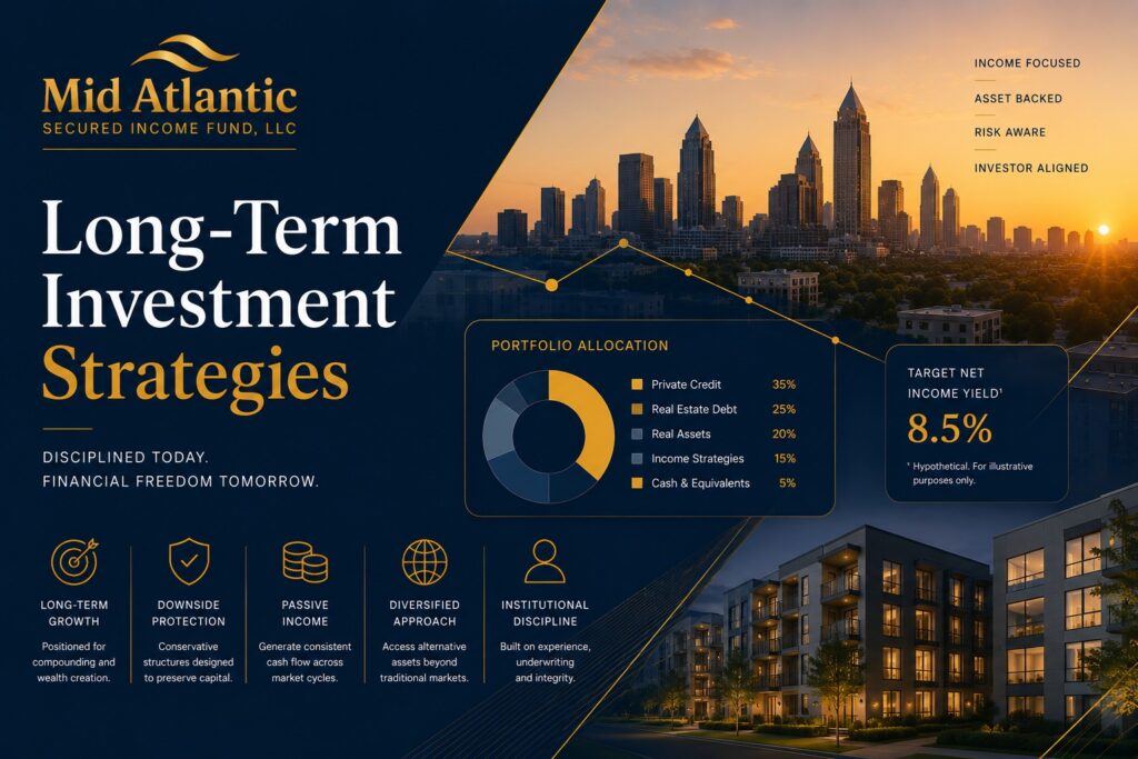 Long-Term Investment Strategies featured image showing institutional portfolio analytics, alternative investments, real estate-backed assets, and retirement-focused wealth management with the Atlanta skyline and Mid Atlantic Secured Income Fund branding.