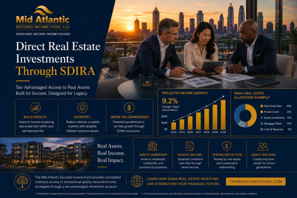 Affluent investors reviewing SDIRA real estate investment strategies with Atlanta skyline and institutional portfolio analytics in navy and gold branding.