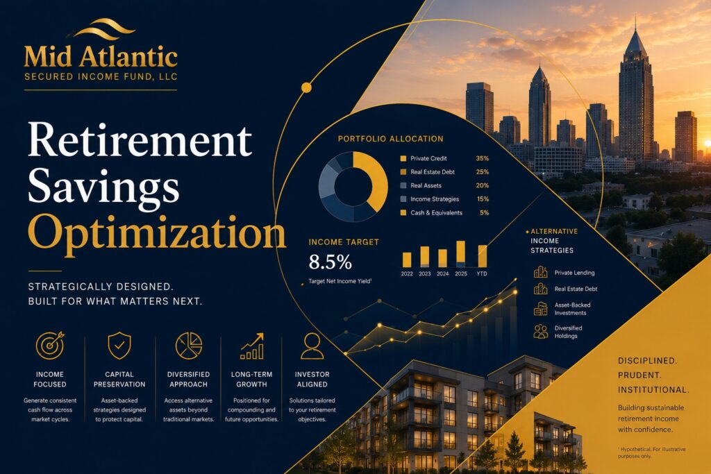 Institutional-style retirement savings optimization graphic featuring portfolio allocation analytics, alternative investment visuals, and Mid Atlantic Secured Income Fund branding in navy and gold.