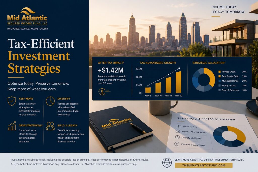 Affluent investors and financial advisors reviewing tax-efficient investment strategies, SDIRA investments, and private credit portfolios overlooking the Atlanta skyline at sunset.