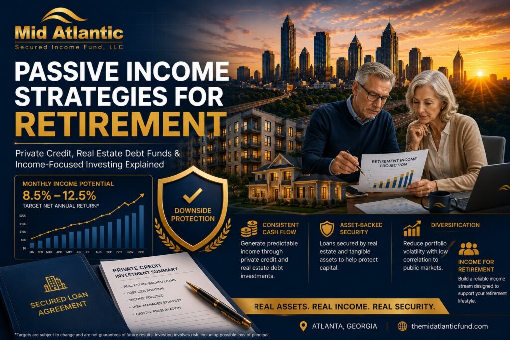 Passive income strategies for retirement featuring private credit investing, real estate debt funds, retirement income planning, and asset-backed investing by Mid Atlantic Secured Income Fund.