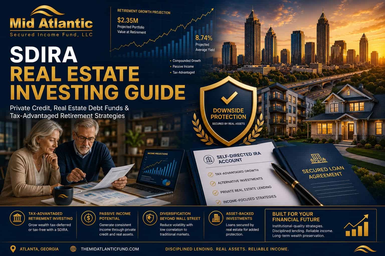 SDIRA Real Estate Investing Guide featured image showing self-directed IRA investing, private credit, real estate debt funds, retirement income planning, and institutional asset-backed investment strategies.