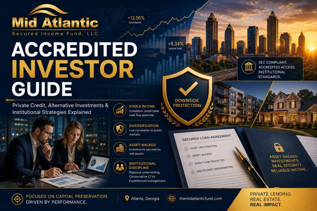 Accredited Investor Guide featured image showing private credit investing, real estate debt funds, institutional portfolio strategy, and asset-backed alternative investments for high-net-worth investors.