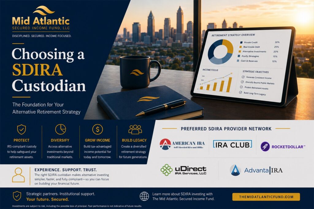 Affluent investors reviewing self-directed IRA investment strategies and alternative retirement portfolio allocations with institutional analytics and real estate-backed investment visuals.
