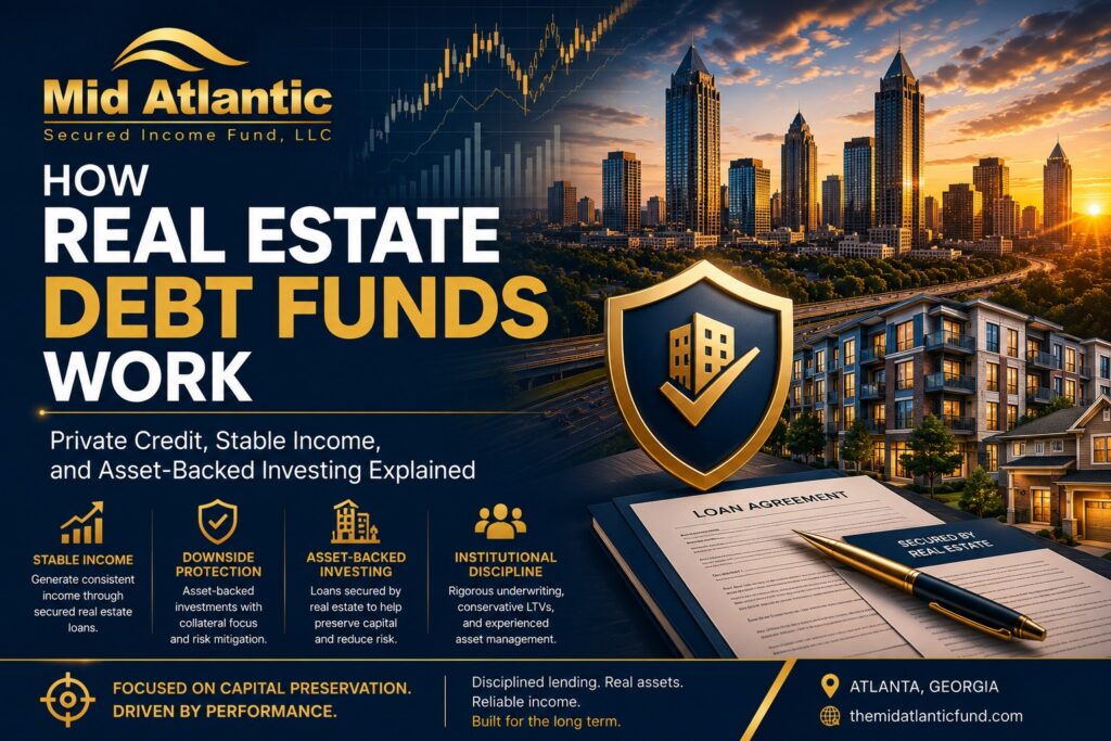 How real estate debt funds work illustrated with Atlanta skyline, private lending charts, secured lending agreements, and asset-backed investing imagery from The Mid Atlantic Secured Income Fund.