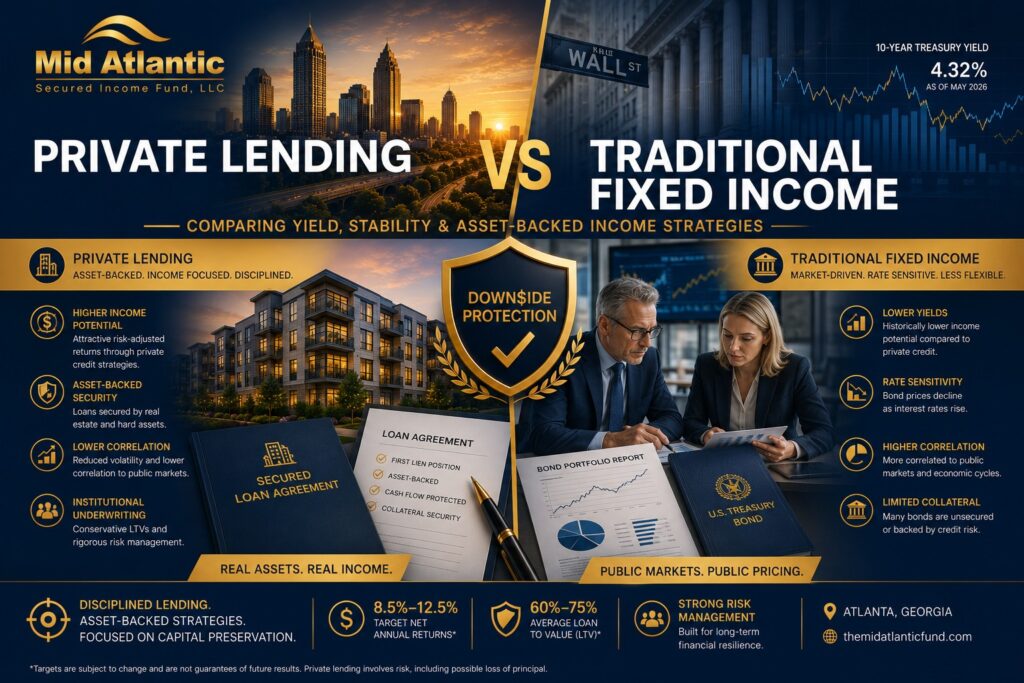 Private lending vs traditional fixed income comparison featuring private credit investing, bonds, asset-backed lending, and retirement income strategies by The Mid Atlantic Secured Income Fund.