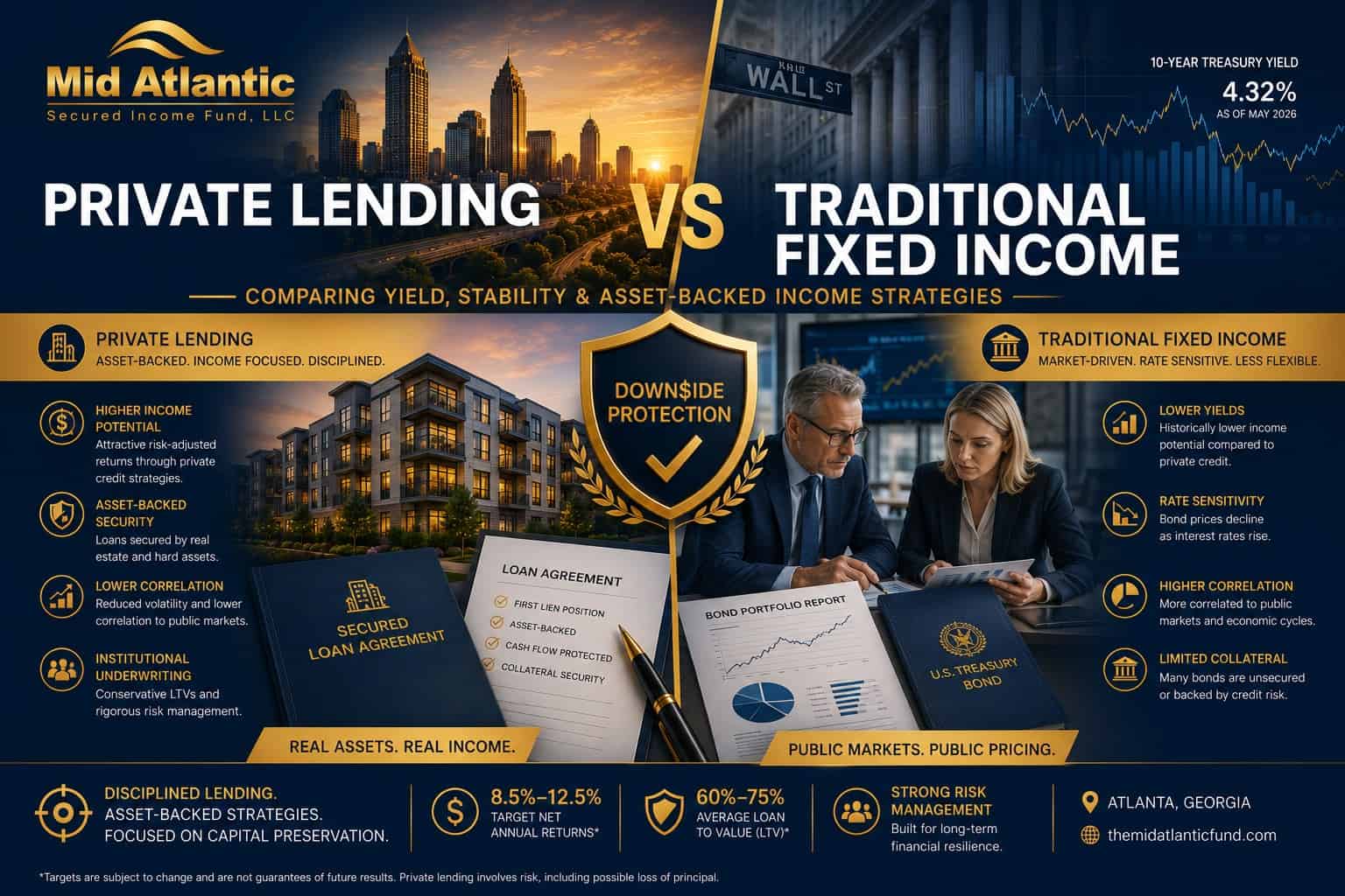 Private lending vs traditional fixed income comparison featuring private credit investing, bonds, asset-backed lending, and retirement income strategies by The Mid Atlantic Secured Income Fund.